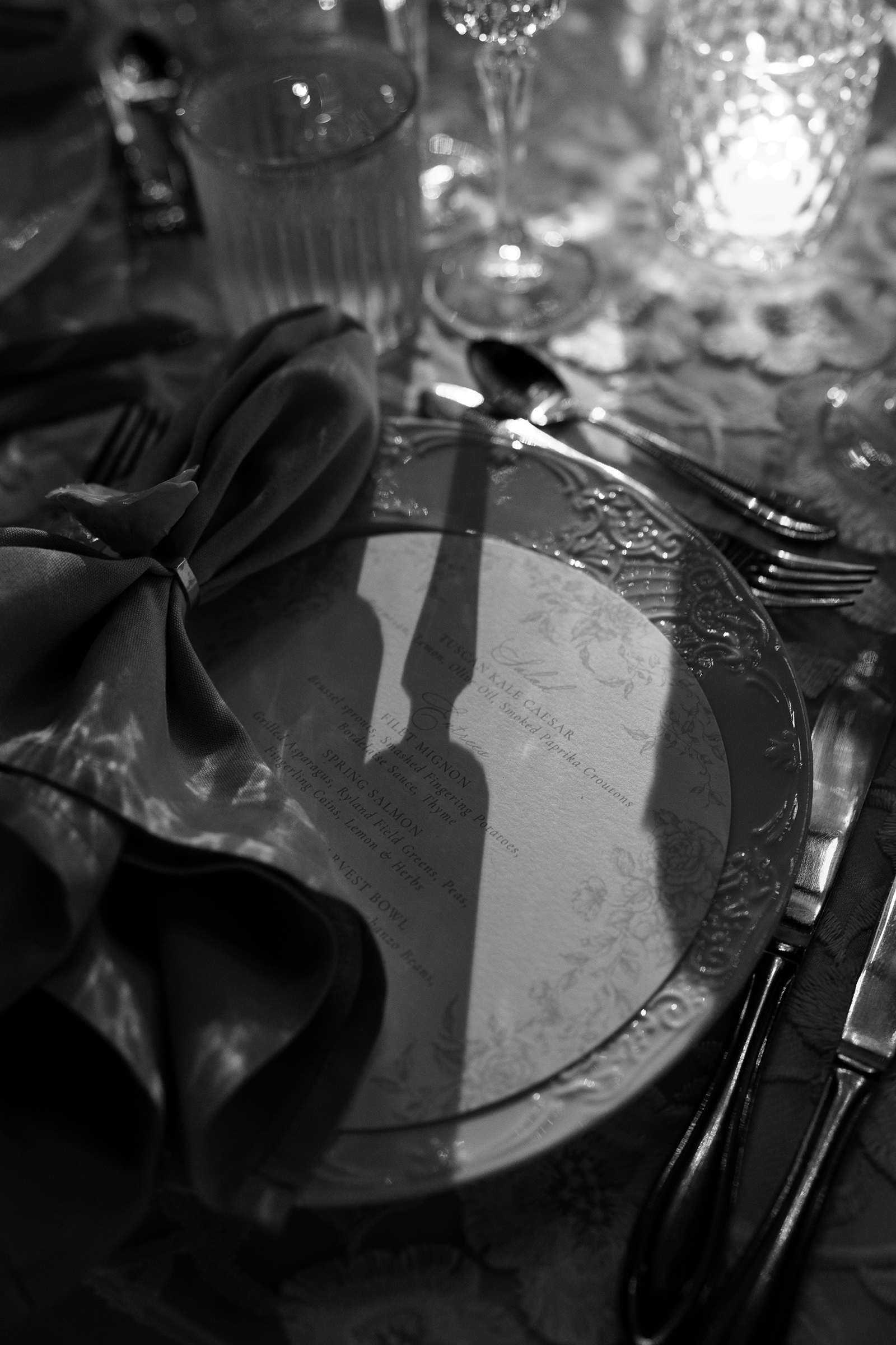 black-and-white close-up picture of wedding decor