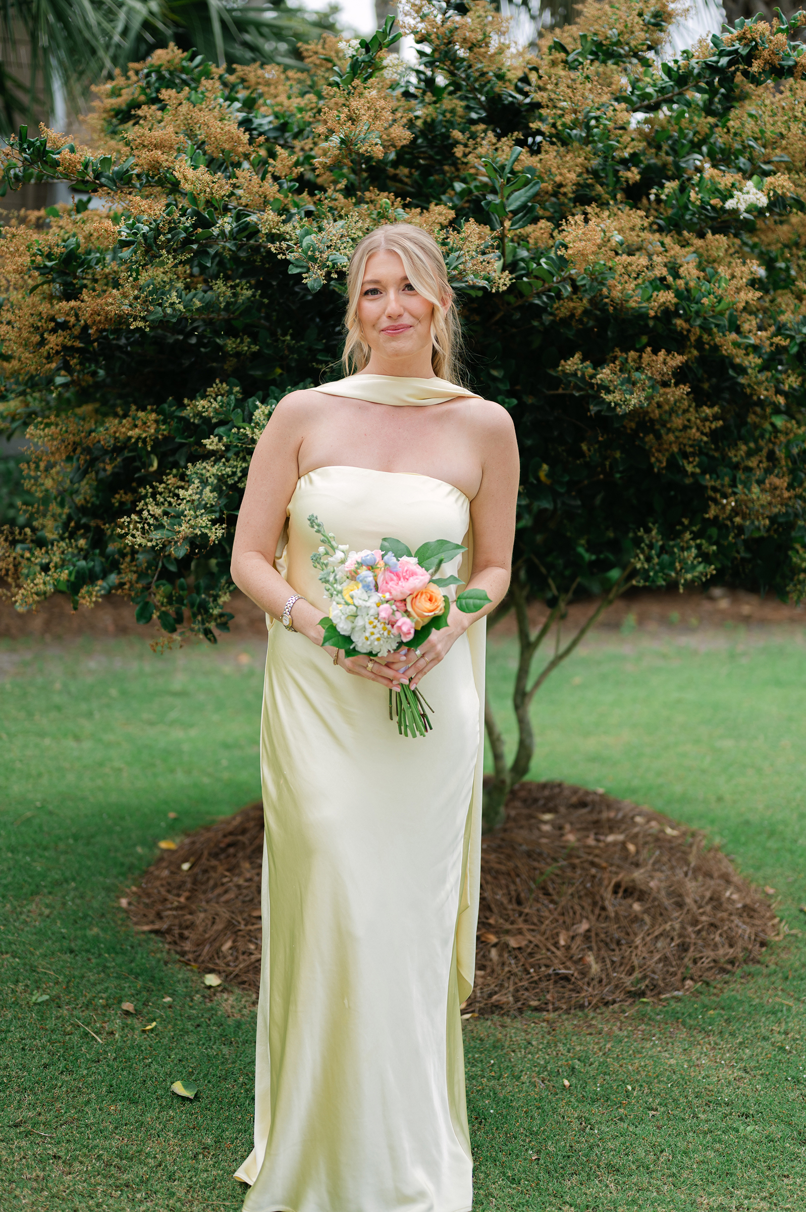 yellow silk tube top bridesmaid dress with scarf