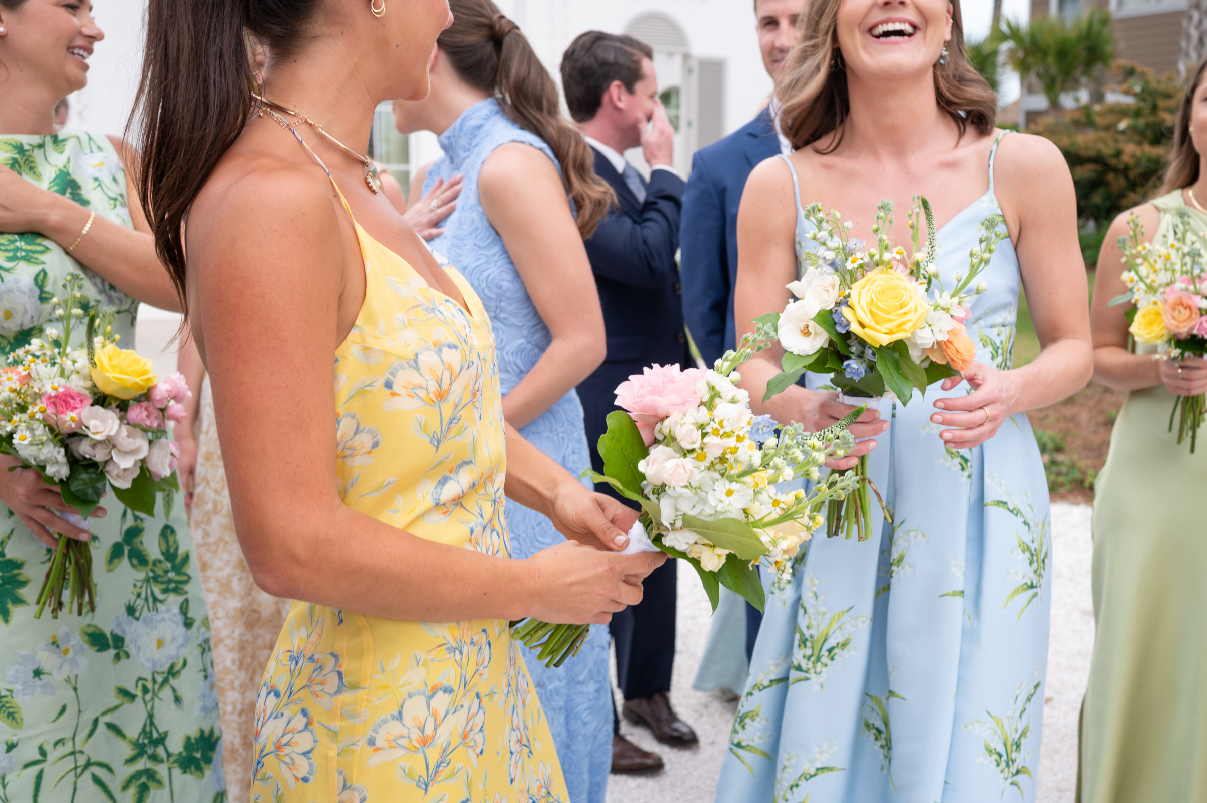 close-up of colorful bridesmaids' dresses
