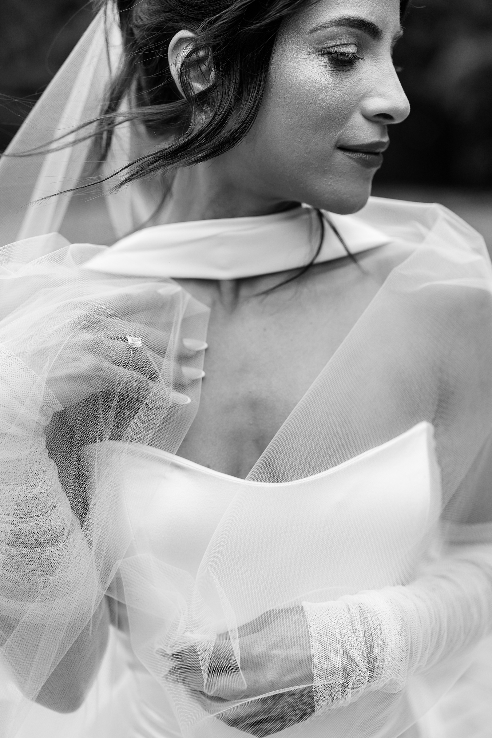 black and white picture of bride in wedding dress