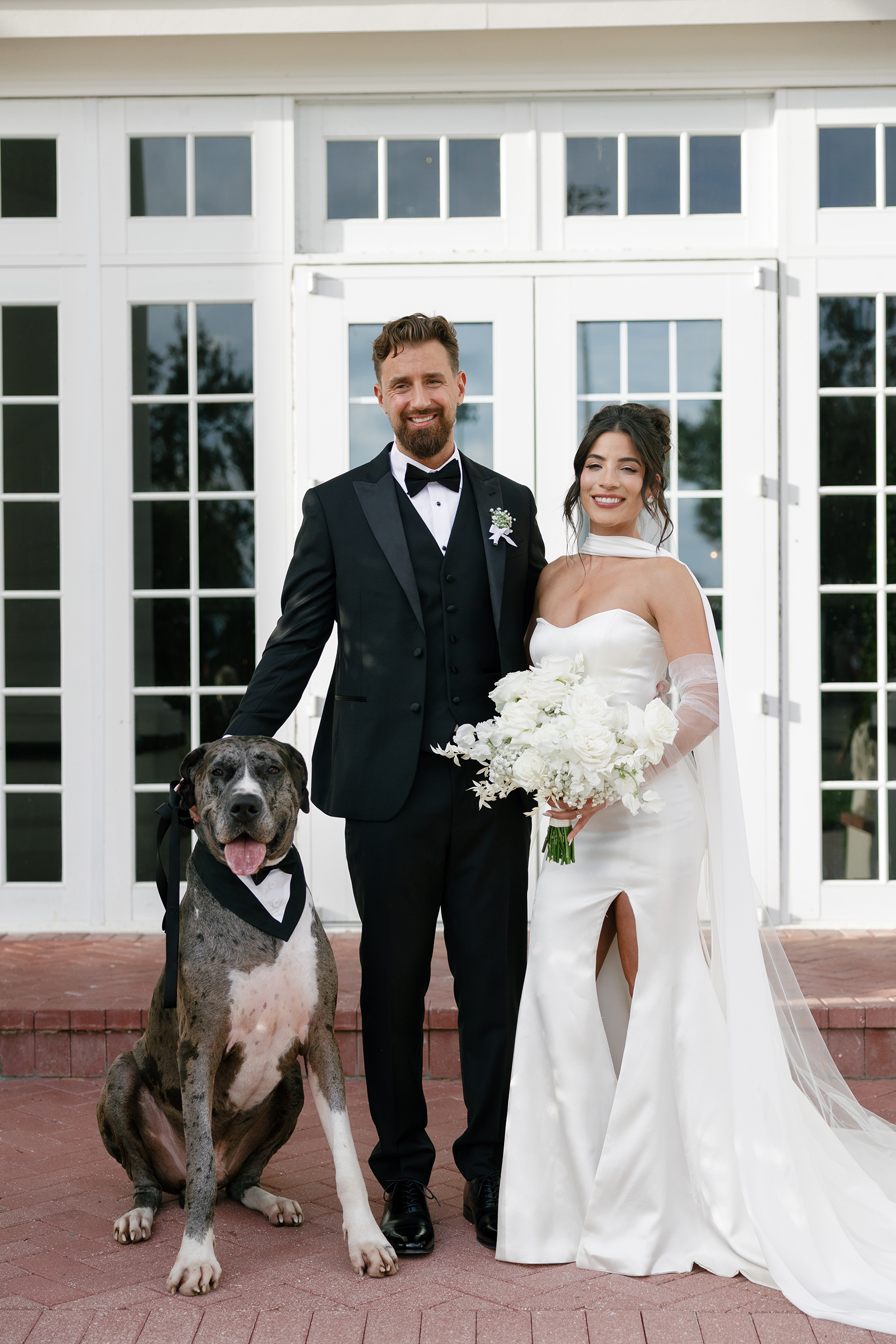 bride and groom with their dog wedding portrait