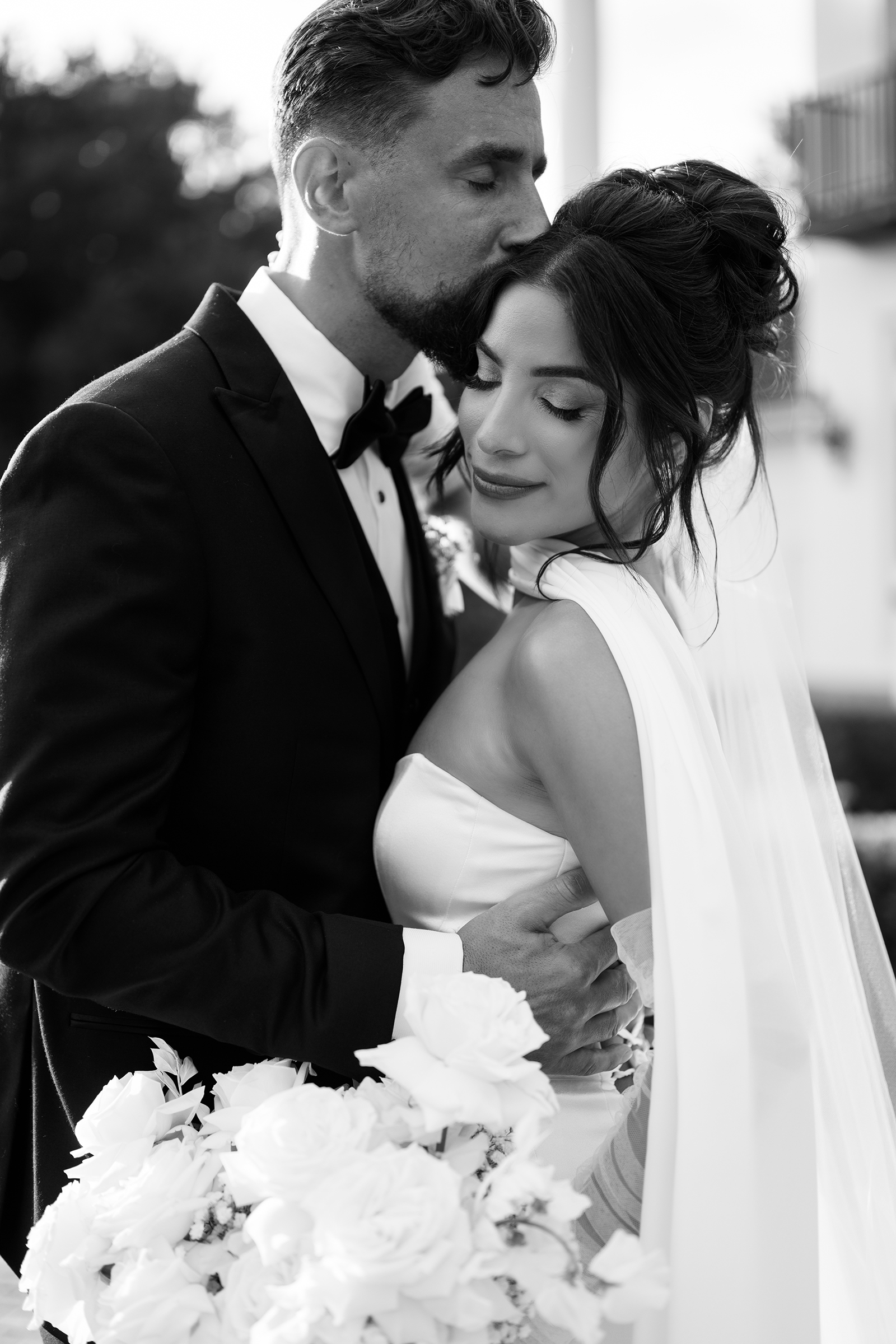 black and white picture of bride and groom
