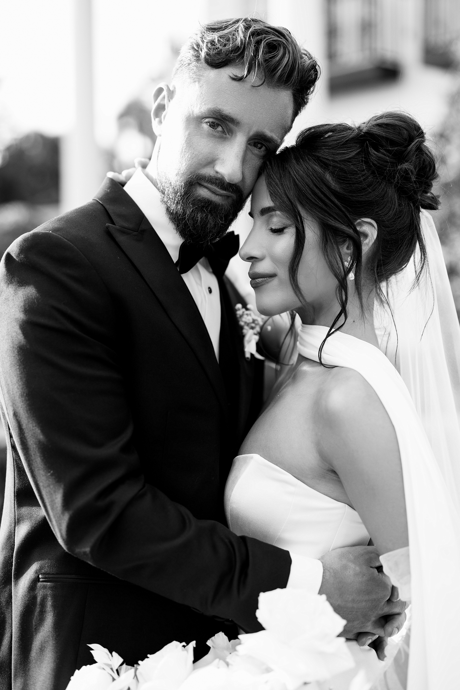 black and white picture of bride and groom
