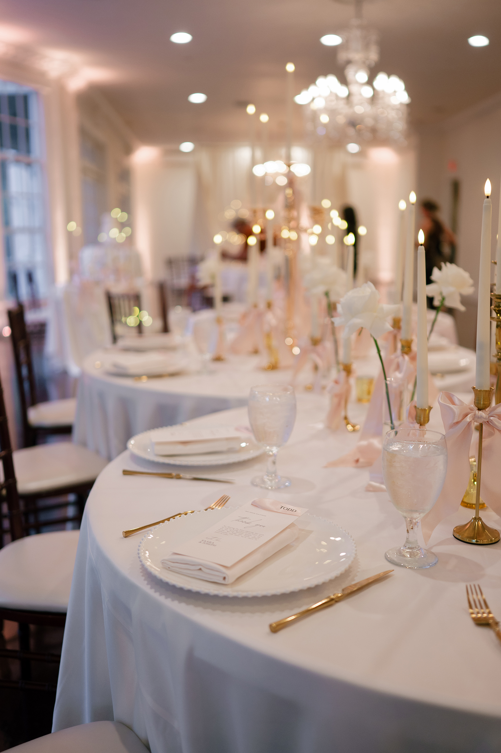 pink, white, gold wedding reception tablescape details