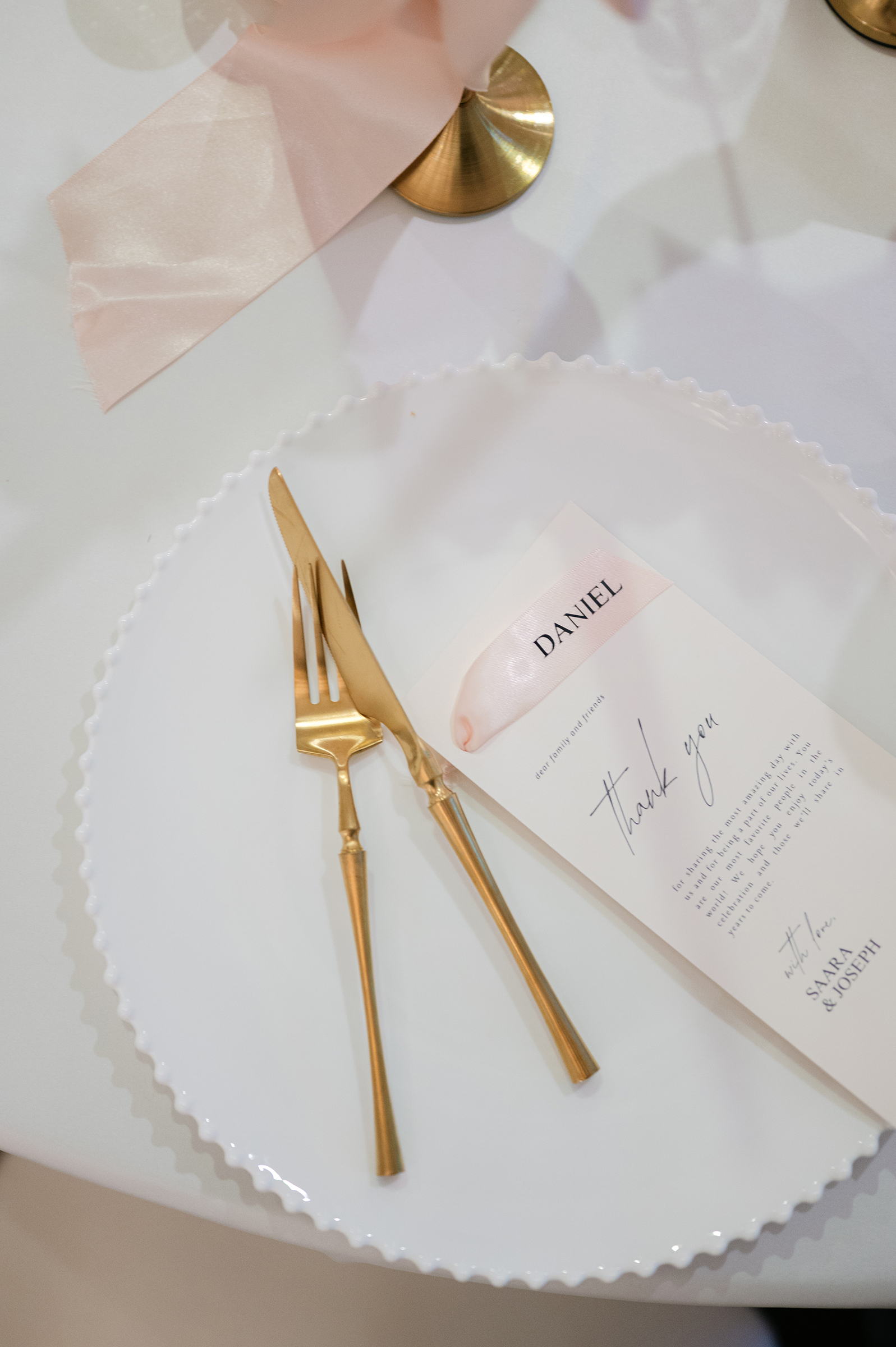 pink, white, gold wedding tablescape