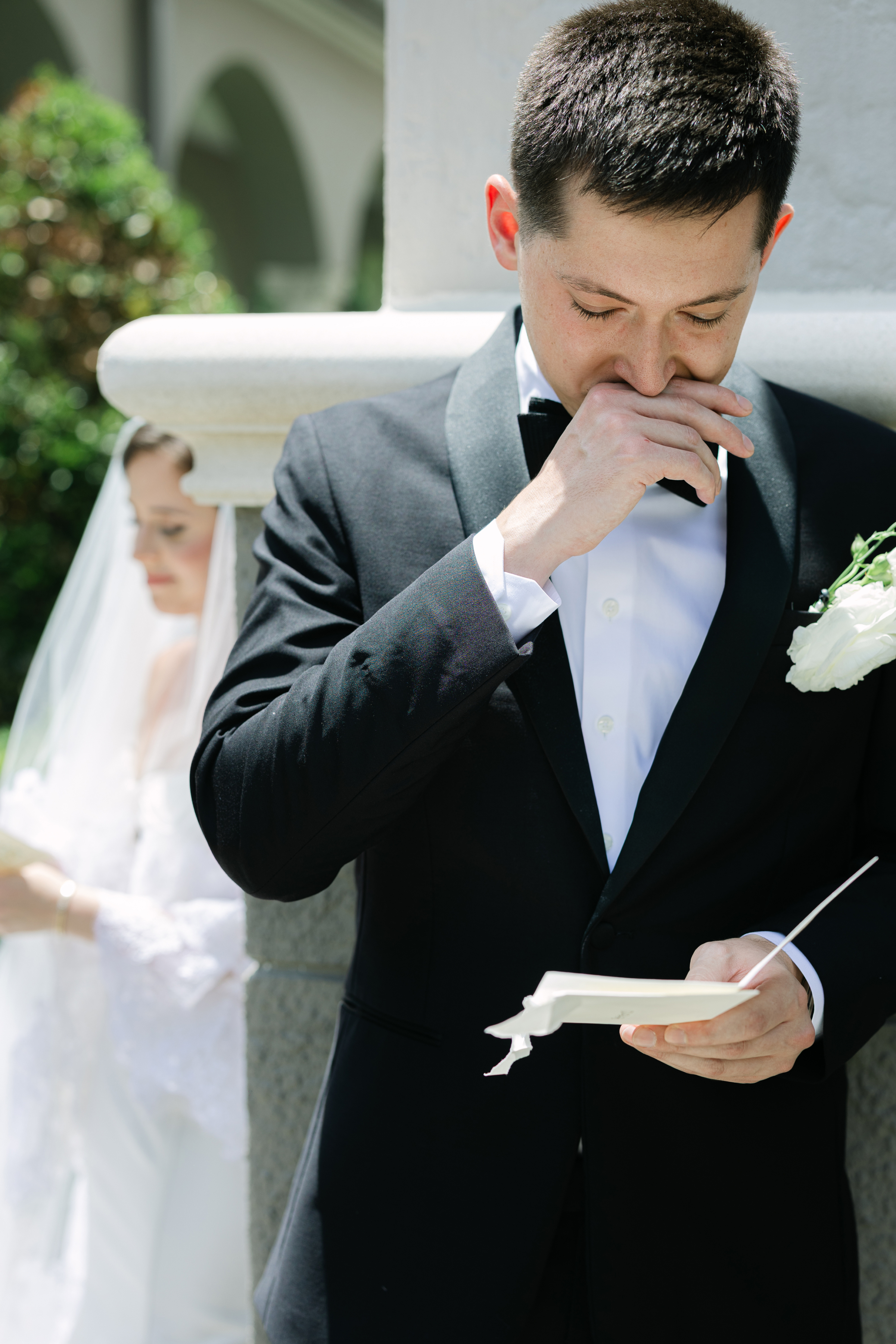bride and groom during first look