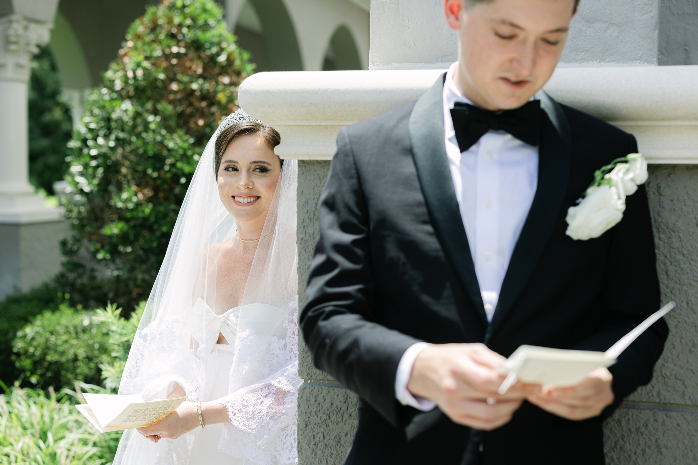 bride and groom during first look