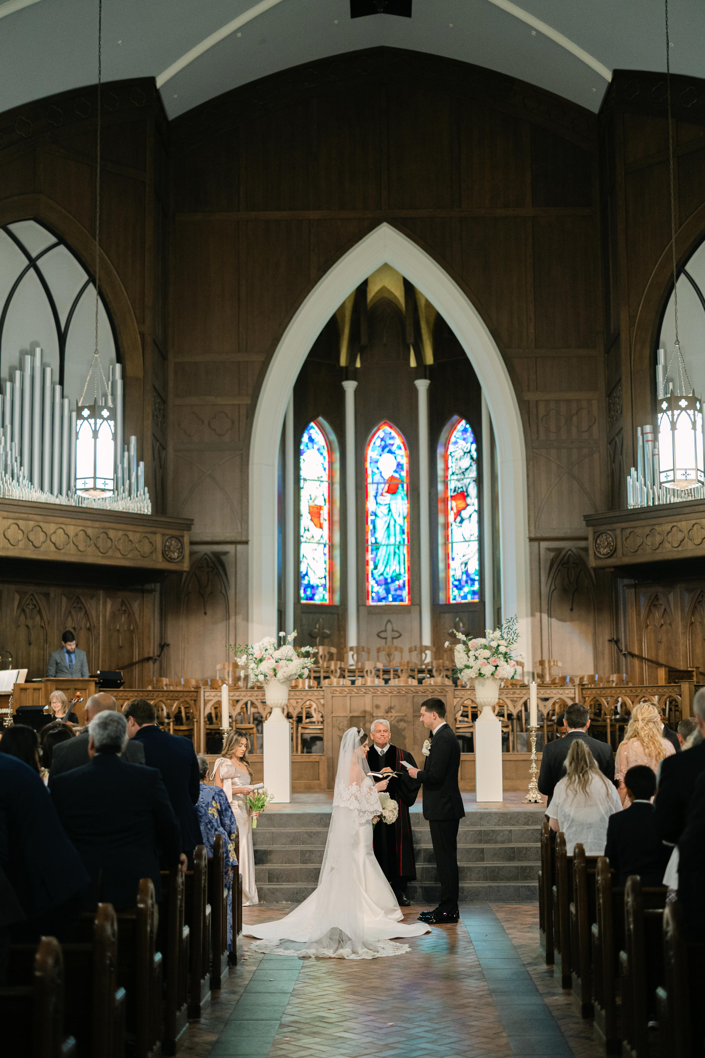 bride and groom at chapel wedding