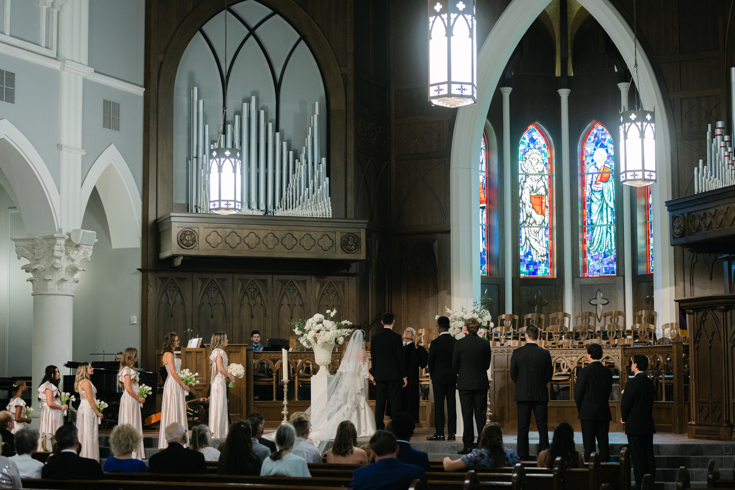 bride and groom at chapel wedding