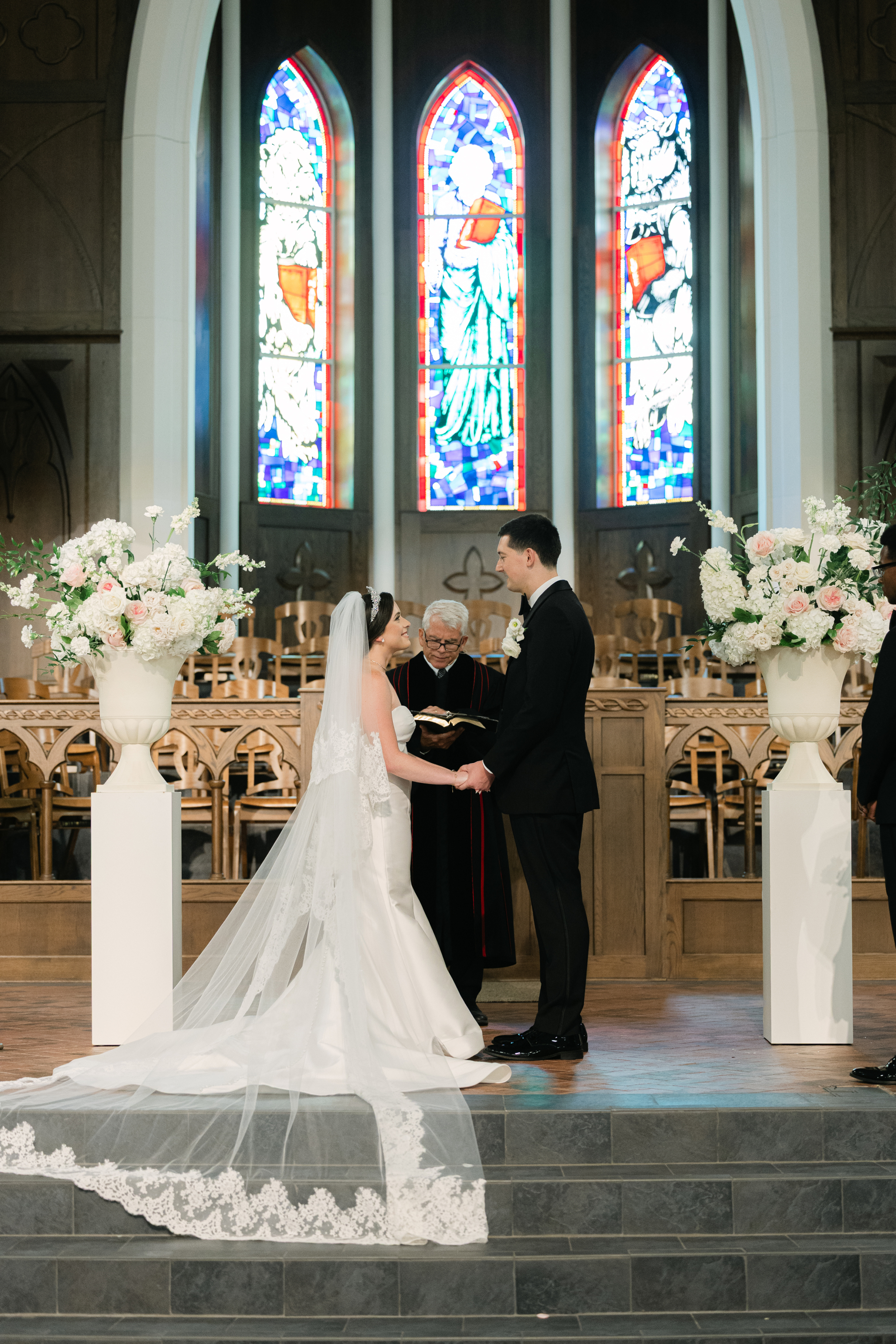 bride and groom at chapel wedding