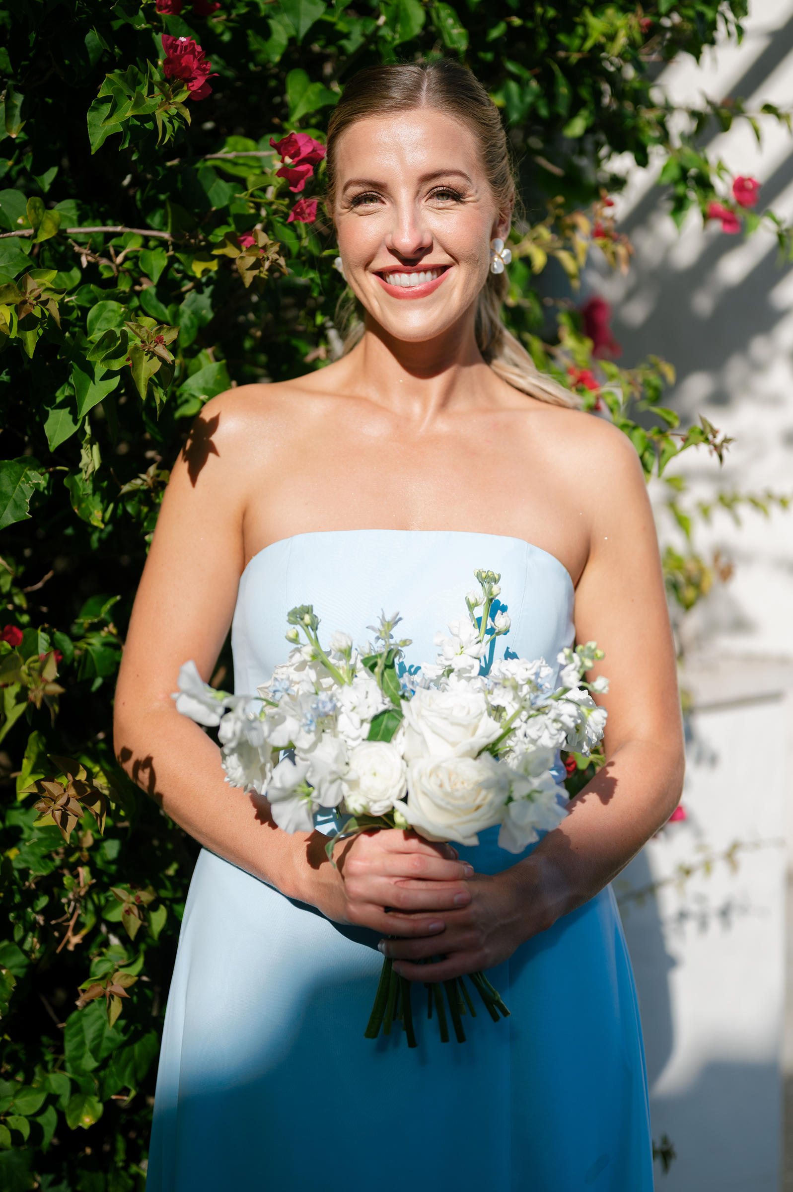 bride with baby blue dress