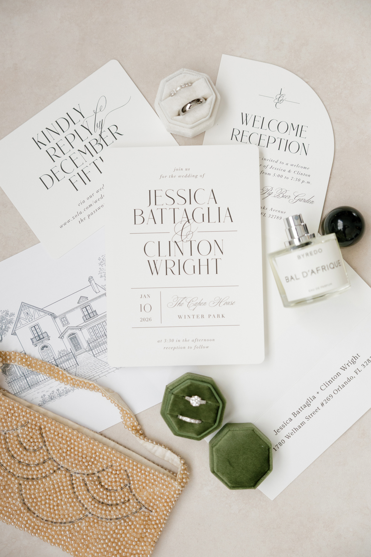 Elegant wedding invitation suite with modern accents for Florida wedding